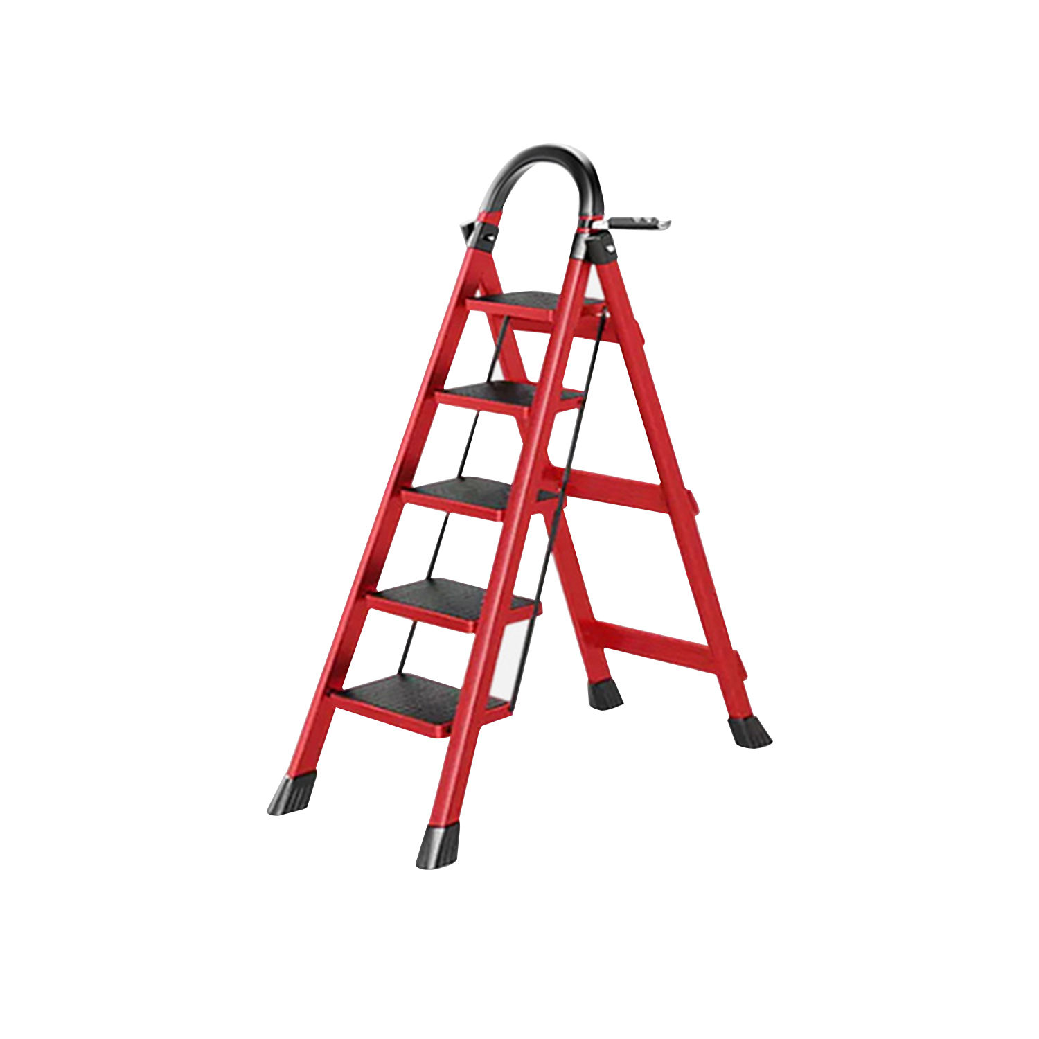 FOXSPORT-Folding 5-Step Ladder with Non-Slip Pedal-150KG Stable Steel Ladder-Red