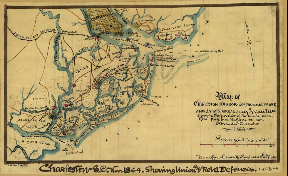 Historical map of Charleston Harbor, 1864, detailing forts and islands in blue and beige tones, with handwritten annotations and scale.