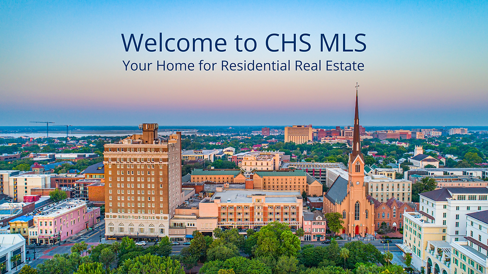 Aerial view of a city with a church and buildings, sunrise sky. Text: "Welcome to CHS MLS, Your Home for Residential Real Estate."