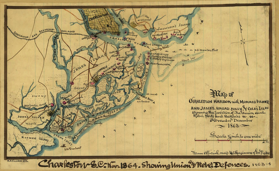 Antique map of Charleston Harbor, S.C. (1863), shows islands, forts, and defenses. Notable areas: Morris Island, Sullivan's Island.