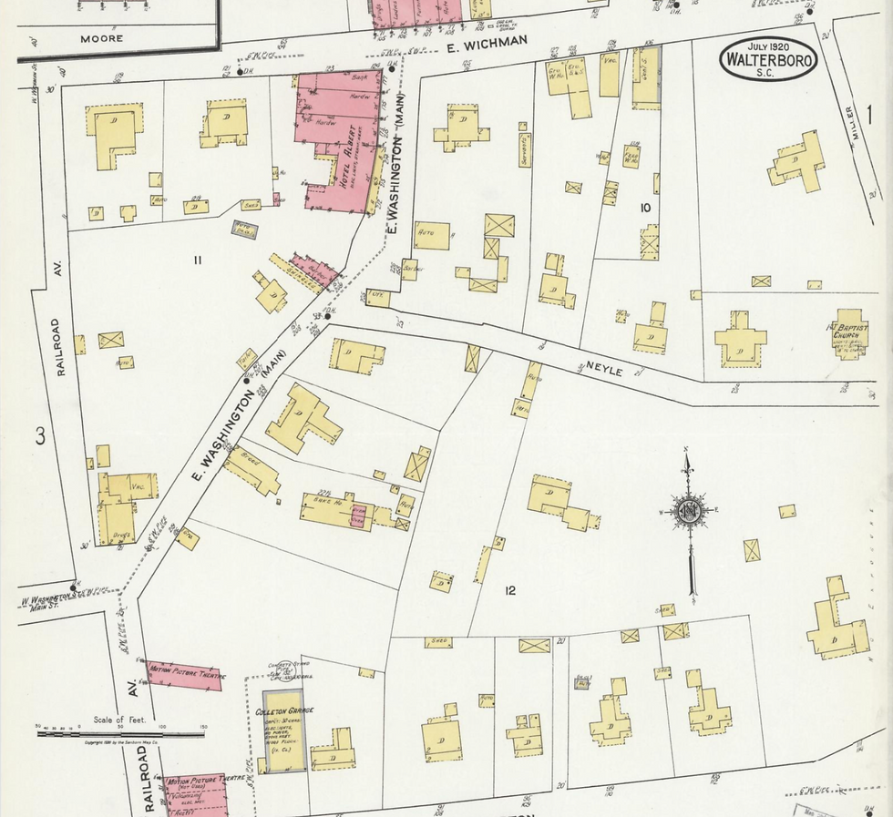 Historical map of Walterboro, S.C., July 1920. Shows streets like E. Washington and Neyle. Buildings are marked in yellow and pink.