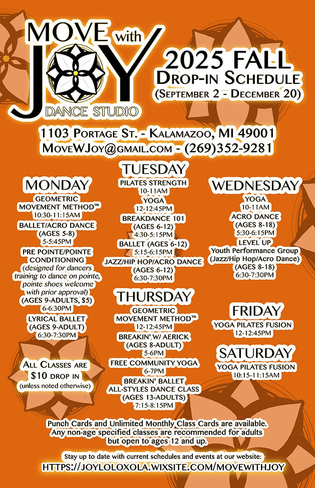 Move With Joy Class Schedule Flyer Fall 2025 september october november december dance yog