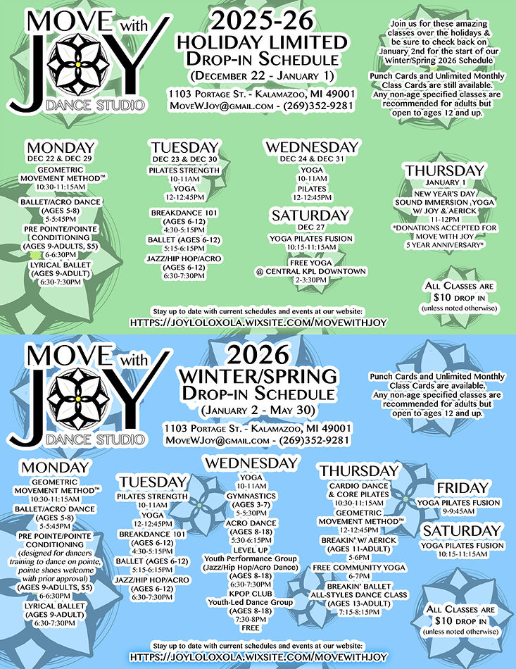 Move With Joy studio kalamazoo michigan portage Class Flyer Holiday and Winter Spring 2025