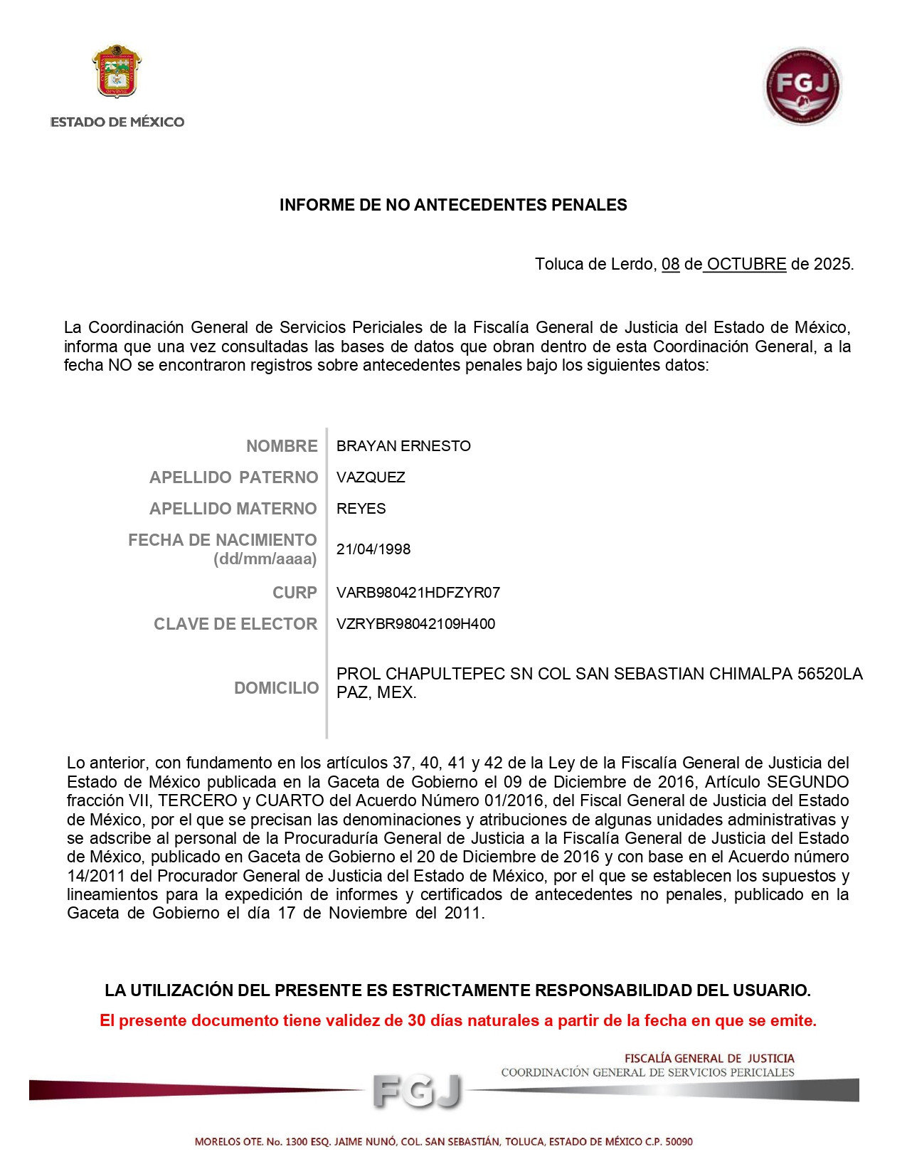 Antecedentes NO penales EDO MEX