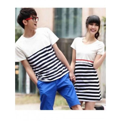 Cặp đầm áo trắng sọc belt đỏ, freesi