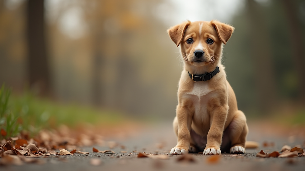 Eye-level view of a puppy sitting attentively during training