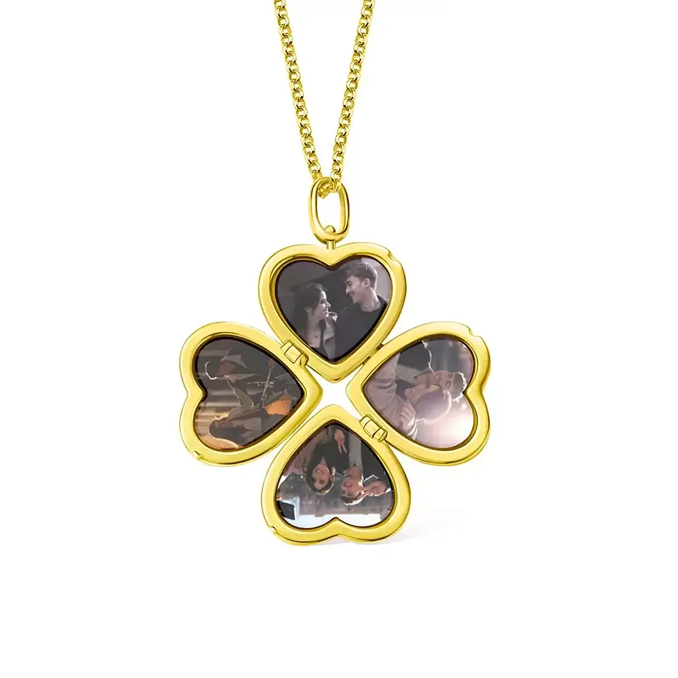 Thumbnail: Custom Four Leaf Clover Love Heart Pendant Photo Locket Necklace, 4 Pictures Hea