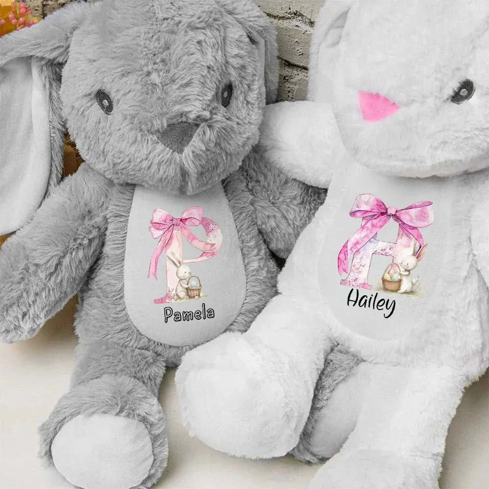 Personalized Pink Bow Initial Bunny Doll Toy with Name, Soft Plush Rabbit Stuffe