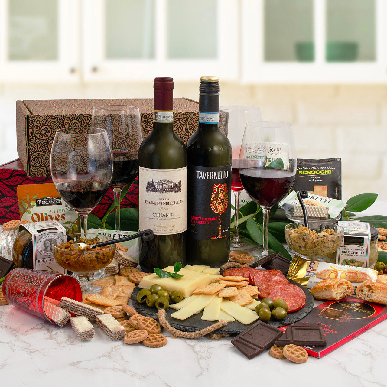 Taste of the Old Country Italian Wines & Antipasto Gift Box Bundle