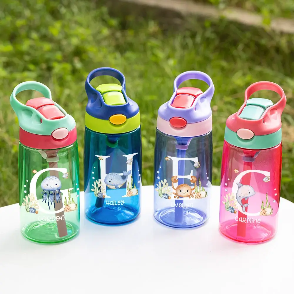 Custom Name & Initial Sea Animal Water Bottle, 16oz Children's Cup with Silicone