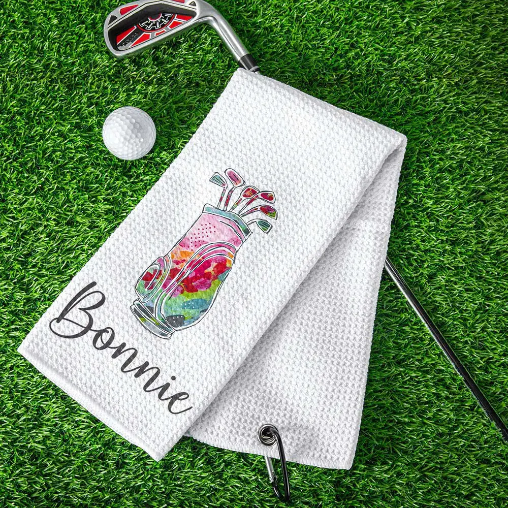 Personalized Colorful Golfing Clubs Waffle Towel with Hanging Clip and Name, Abs