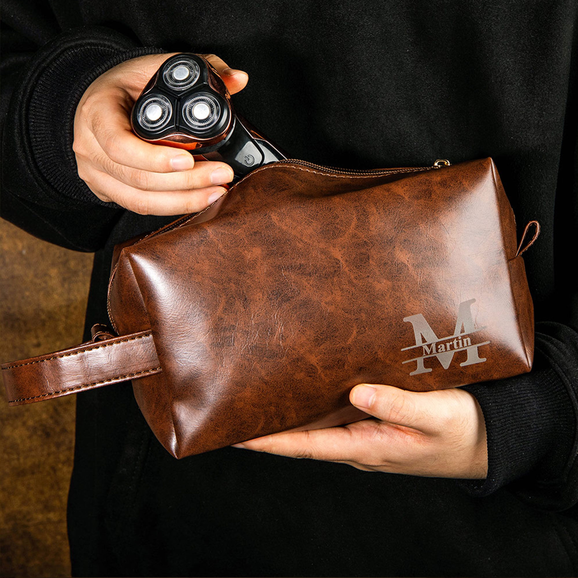 Personalized Monogram Men's Make Up Bag, Custom Toiletry Bag, Heirloom Leather D