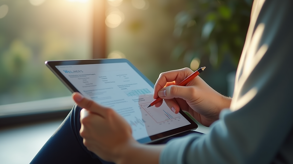 Close-up view of a person using a tablet to study an online wellness course