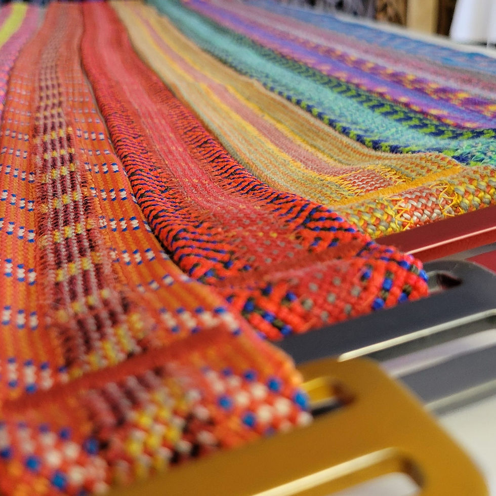 Thumbnail: 8 colourful climbing rope belts lay across a table, handmade by ray's climbing in the UK