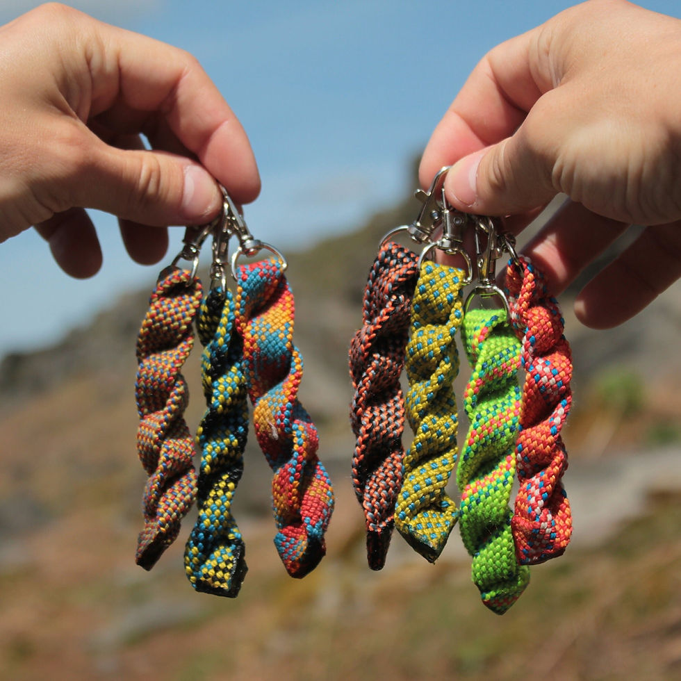 Thumbnail: multiple colours of climbing rope keyrings held over beautiful views of stanage rock climbing