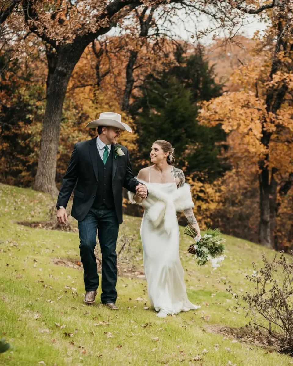 happy couple walking in field