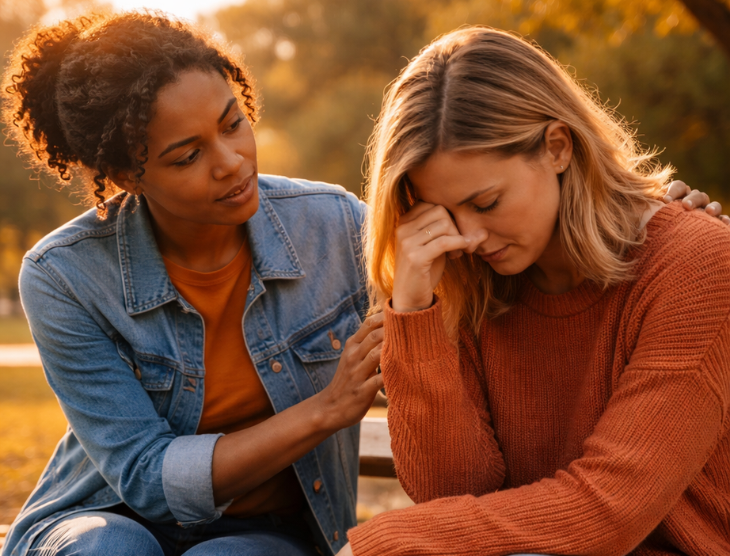 Two women sit on a bench in a park. One woman comforts the other, who looks distressed. Warm sunlight and autumn colors set a calm mood.