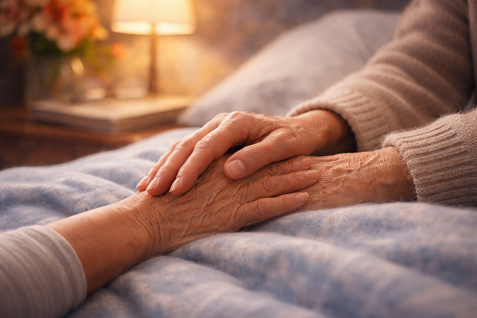 Elderly hands gently clasped, resting on a soft blue blanket. Warm lamp light glows in the cozy, intimate background.