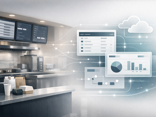 A clean, modern fast food operations scene with a sleek counter, takeaway packaging, and blurred kitchen order screens, overlaid with abstract digital dashboards, workflow lines, and cloud elements in soft grey and muted blue tones.
