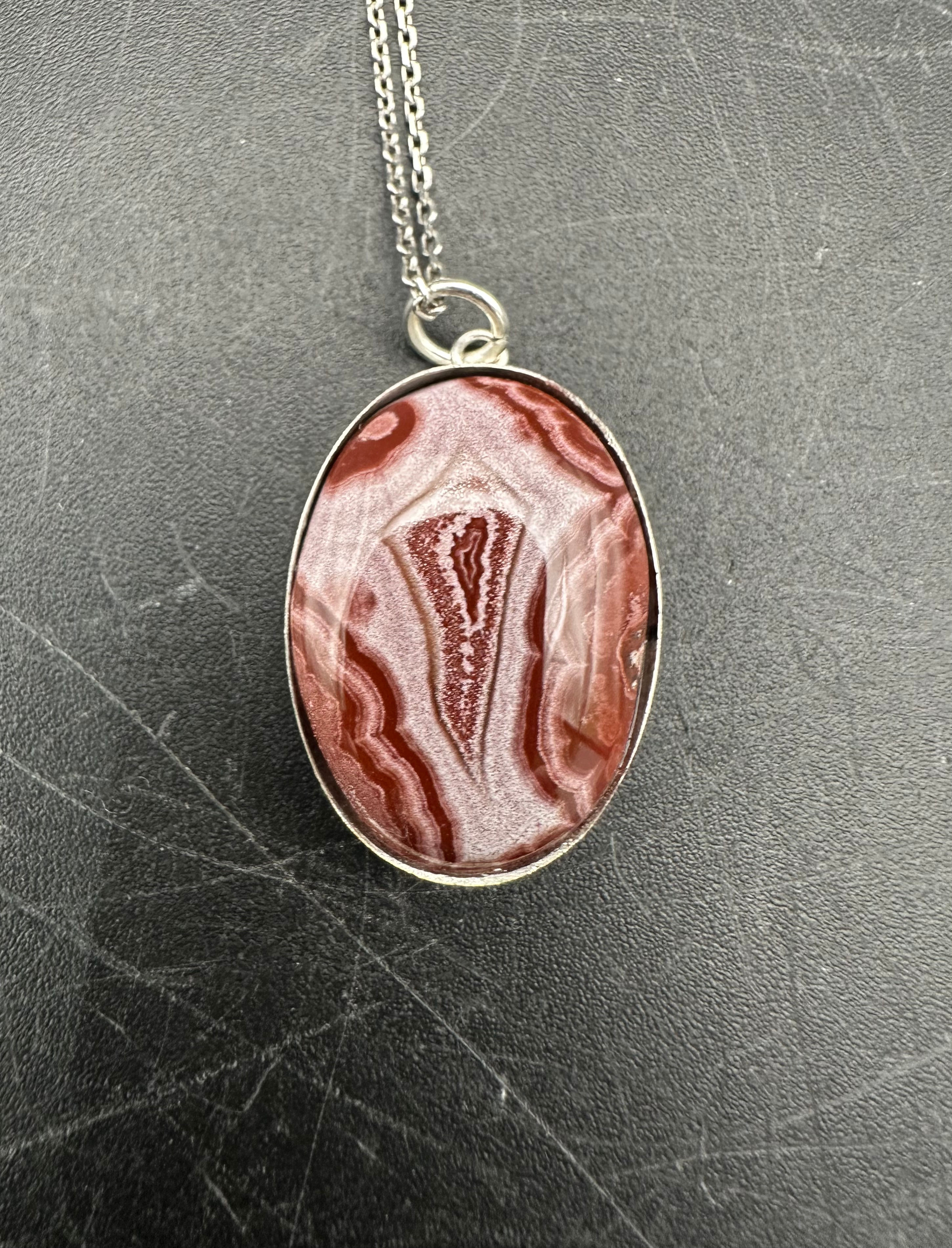 Flor de Durazno Agate Cabochon in a Sterling Silver Bezel with Silver Chain