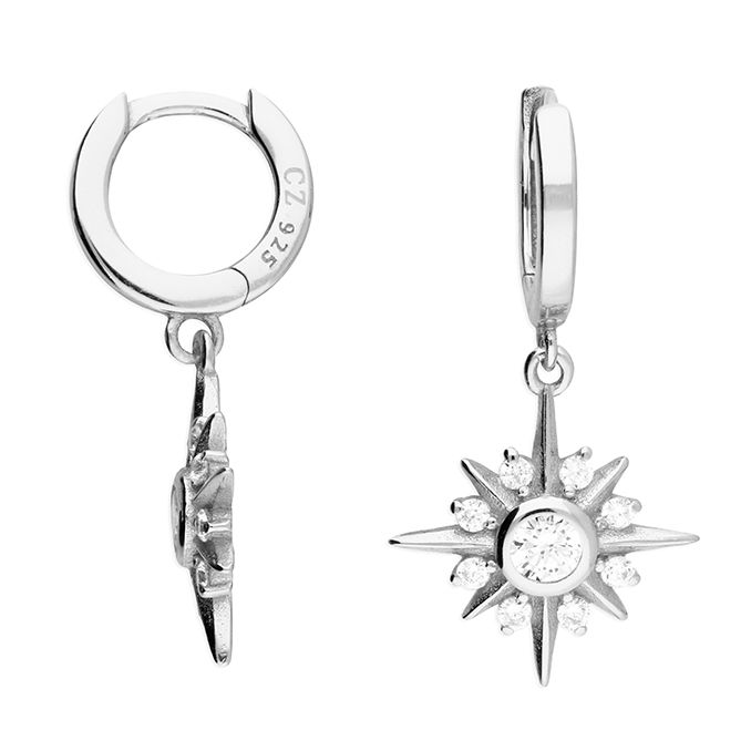 Silver guiding star crystal huggie hoops