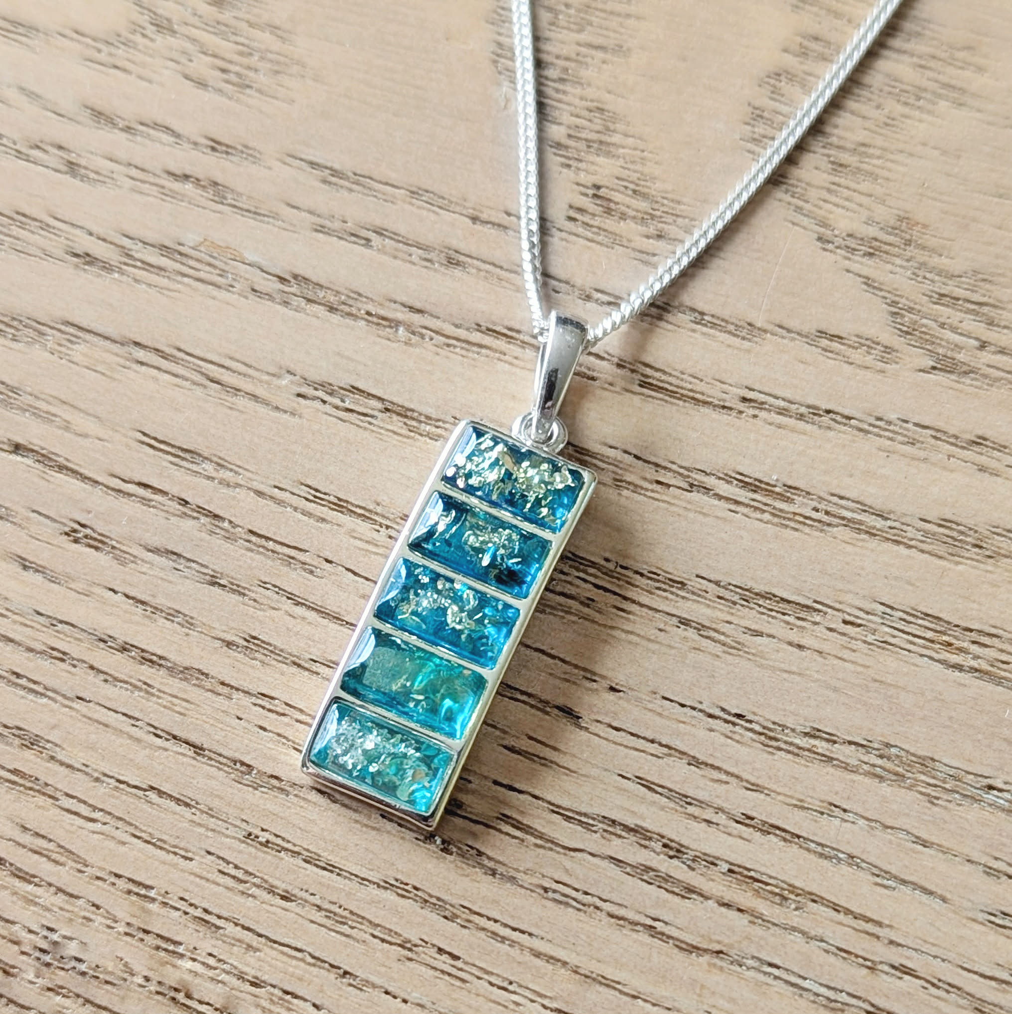 Silver Blue Amber panel necklace
