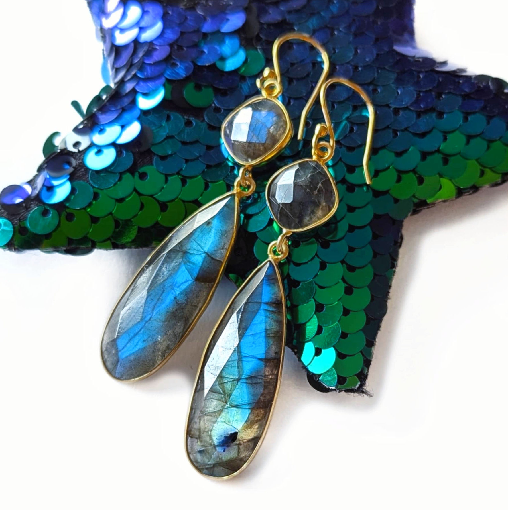Gorgeous silver & gold vermeil long labradorite drop earrings