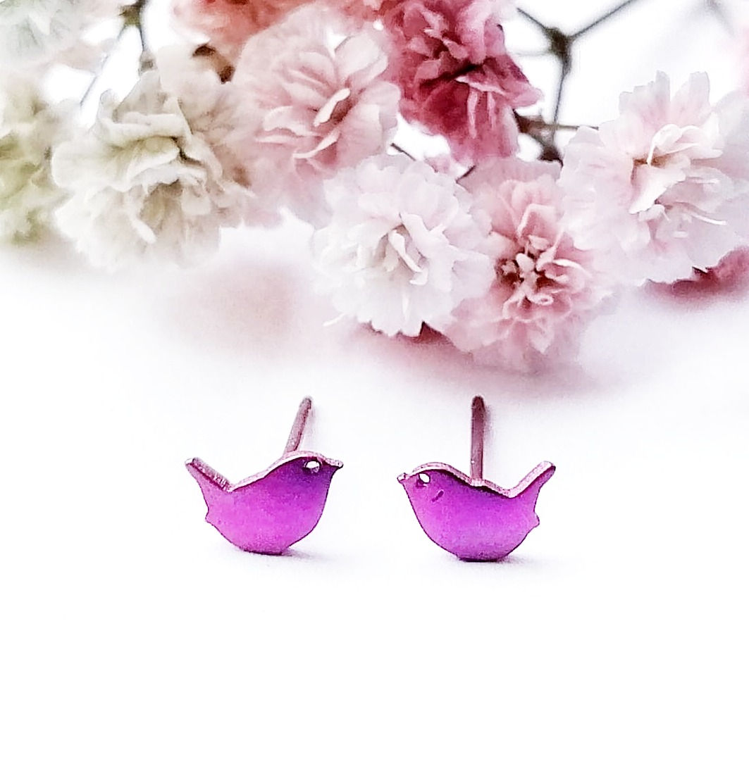 Titanium mini pink bird stud earrings