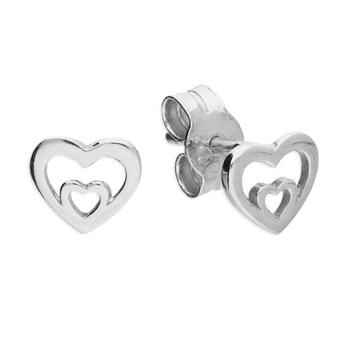 Silver double heart stud earrings