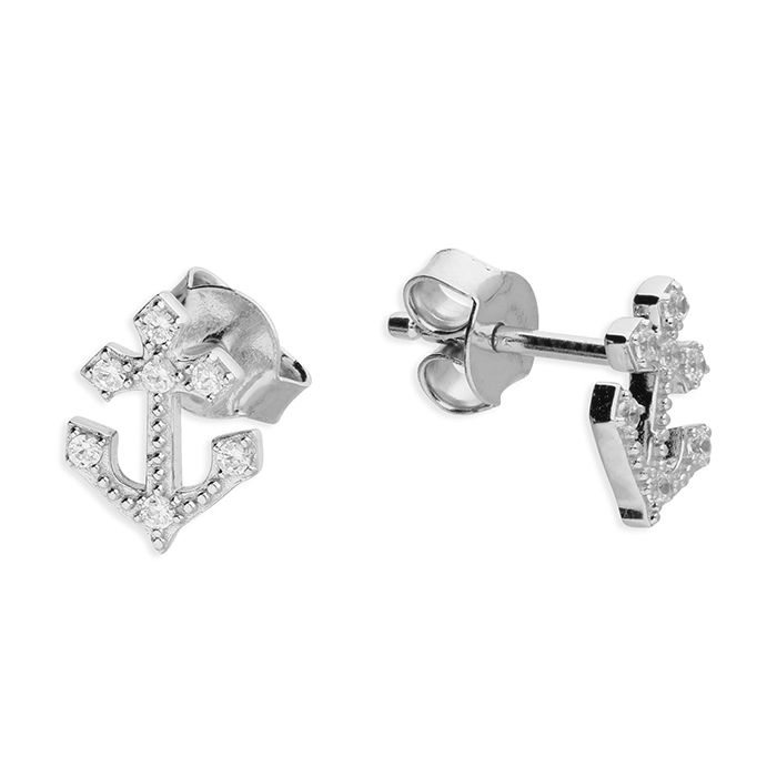 Silver & crystal anchor stud earrings