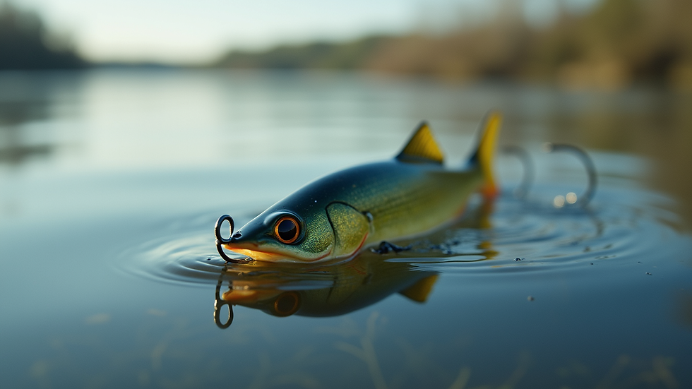 Eye-level view of a topwater musky lure floating on calm water surface