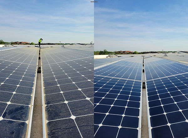 EcoSun Wash technicians cleaning commercial solar panels on a rooftop.