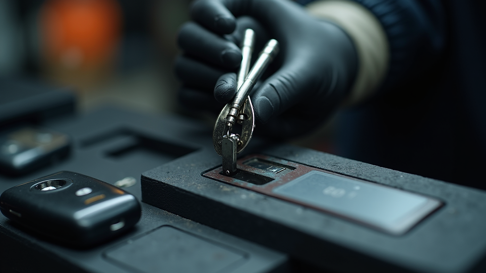 Close-up view of a car key being cut by a locksmith machine