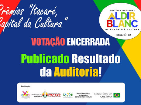 Banner com figuras geométricas coloridas, com os textos "Prêmios Itacaré, Capital da Cultura", "Votação encerrada" e "Publicado resultado da auditoria!"