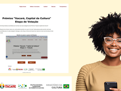 Foto de uma jovem negra, usando óculos, no lado direito. Do lado esquerdo, print da tela inicial da Etapa de Votação e a barra de logomarcas da PNAB Itacaré.