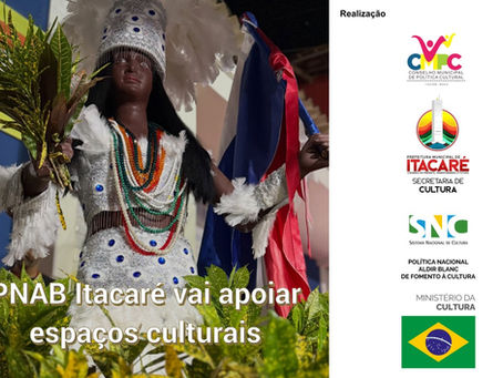 Foto da cabocla comemorativa do dia 2 de julho na Bahia, com o texto sobreposto "PNAB Itacaré vai apoiar espaços culturais" e, à direita, a régua de logomarcas relacionadas à PNAB Itacaré.