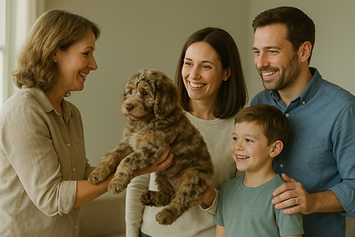 Goldendoodle meeting his new family