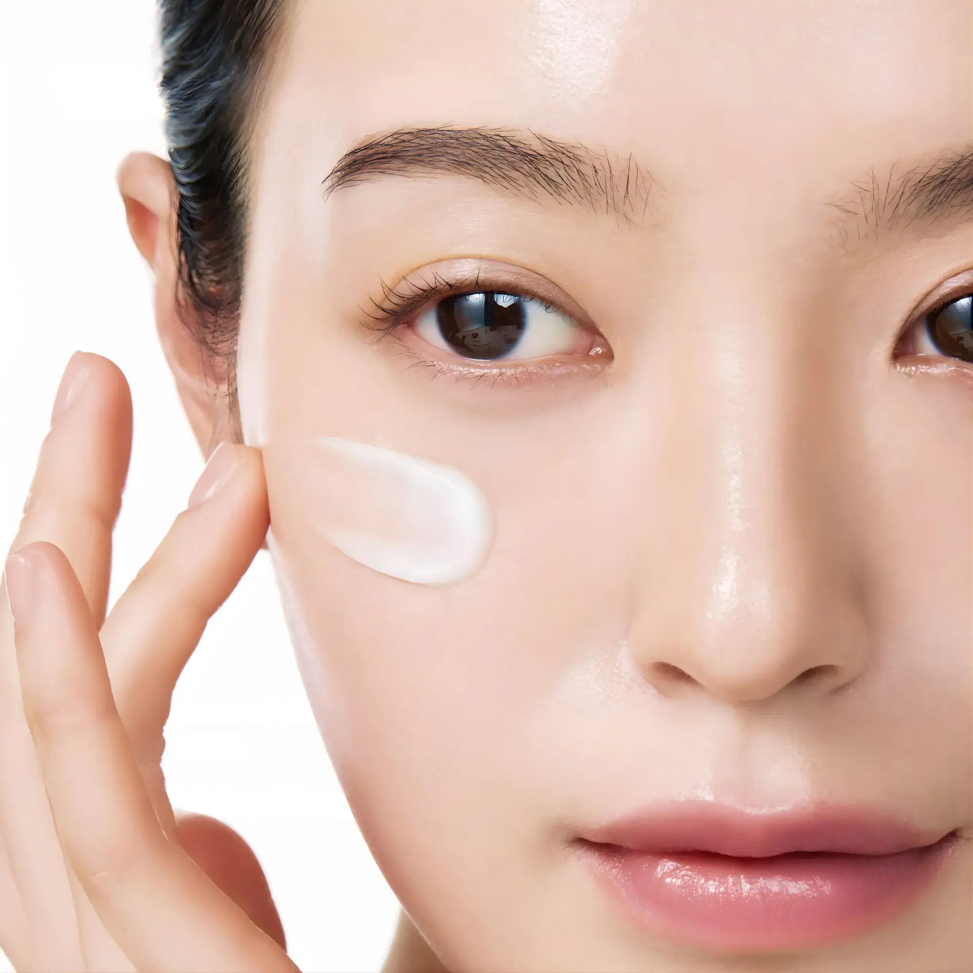 Aplicación de Anua PDRN Hyaluronic Acid 100 Moisturizing Cream sobre la mejilla