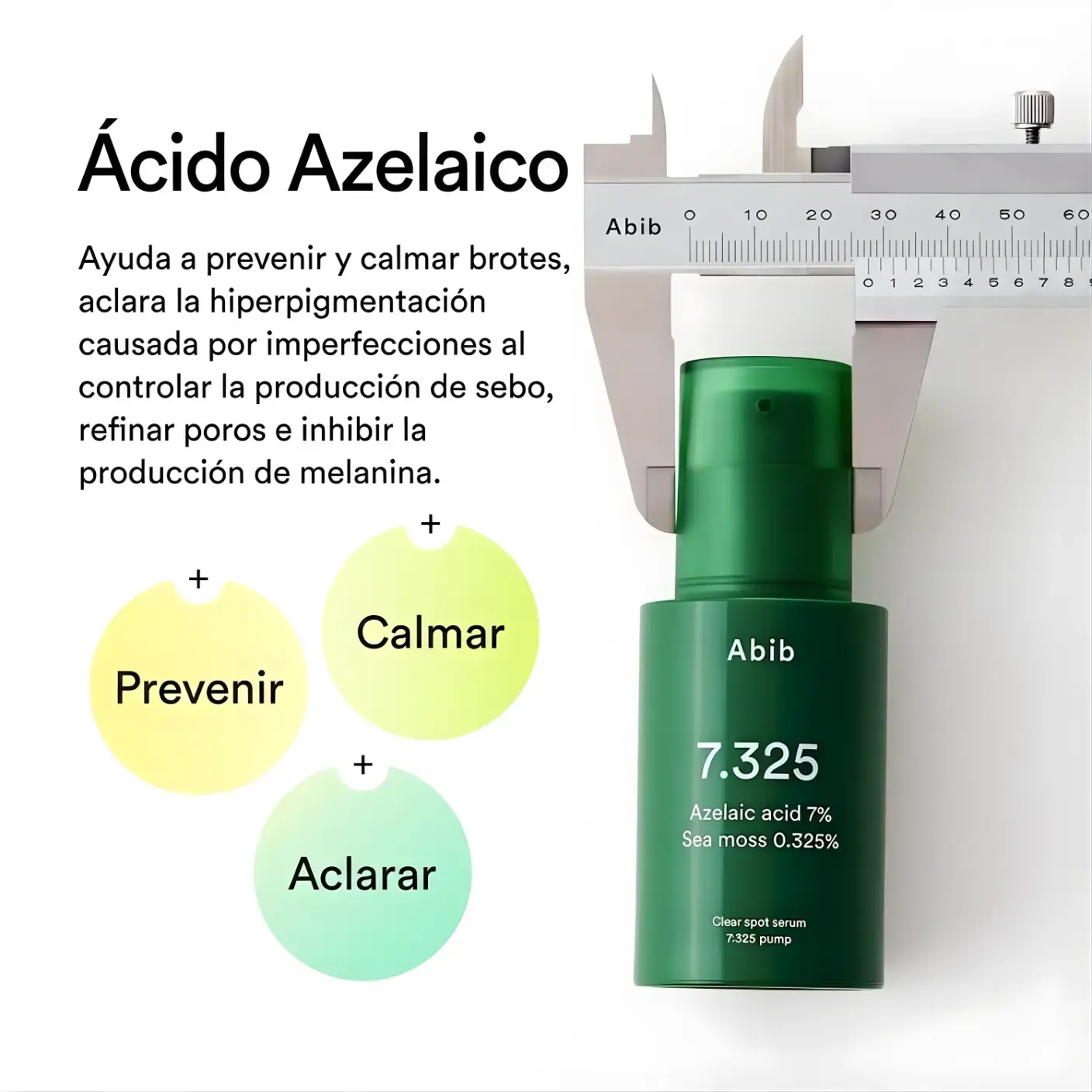 Infografía del Abib Clear Spot Serum 7.325 Pump con ácido azelaico para prevenir, calmar y aclarar