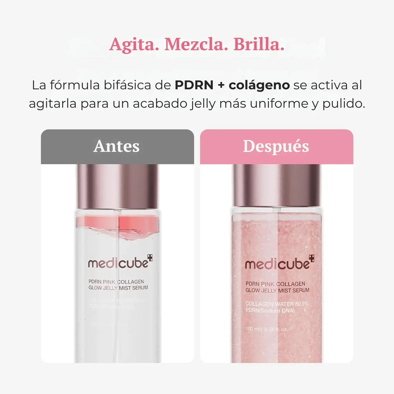 Agitar antes de usar Medicube PDRN Pink Collagen Glow Jelly Mist Serum para mezclar las fases