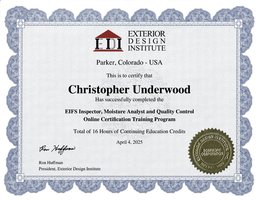 Exterior Design Institute EIFS Inspector, Moisture Analyst and Quality Control Certificate