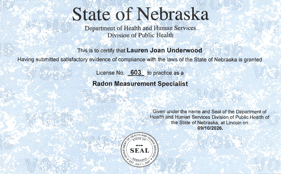 Lauren Underwood | Nebraska Licensed Radon Measurement Specialist