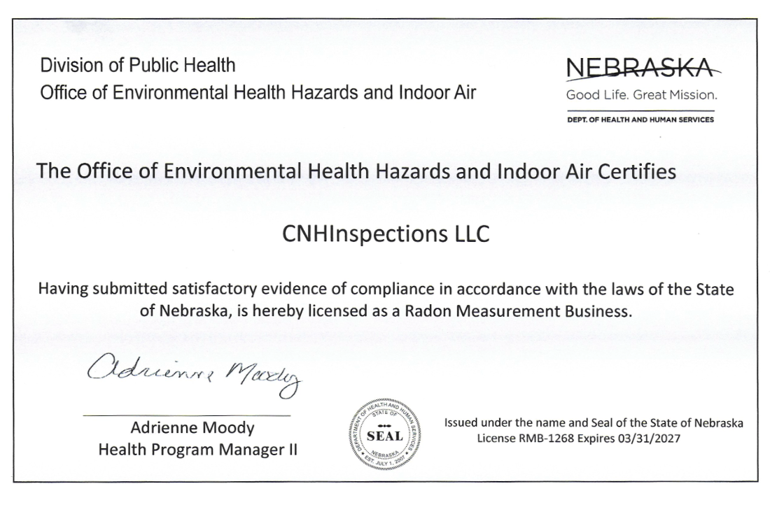 CNHInspections Nebraska Licensed Radon Measurement Specialist