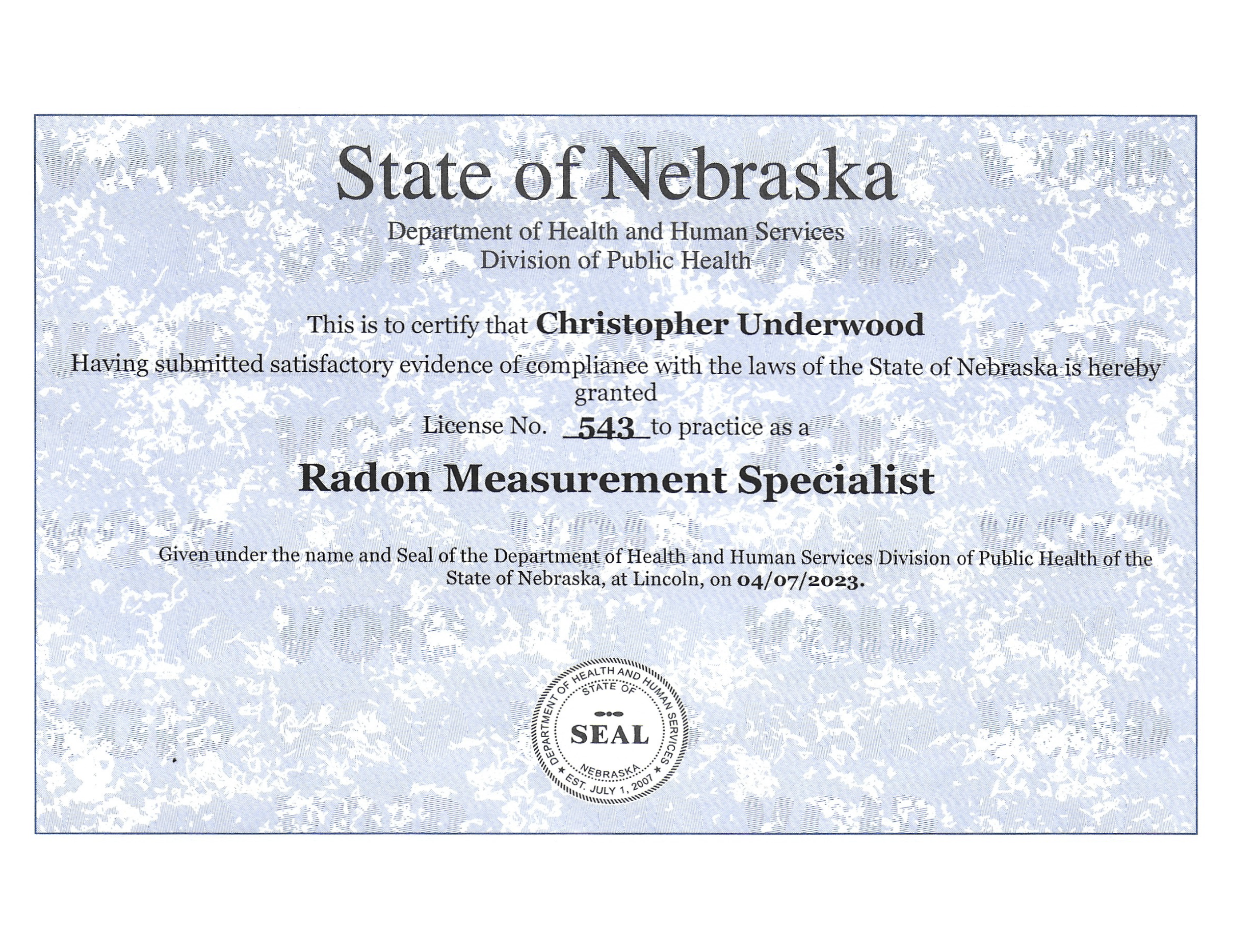 CNHInspections Nebraska Licensed Radon Measurement Specialist