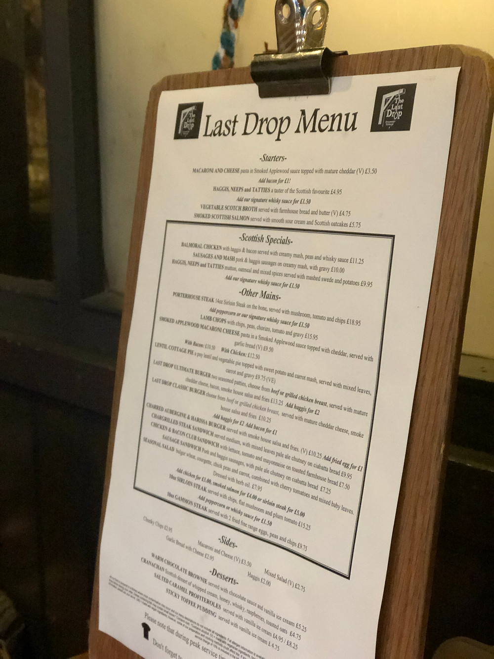 The Last Drop Menu in Edinburgh, Scotland