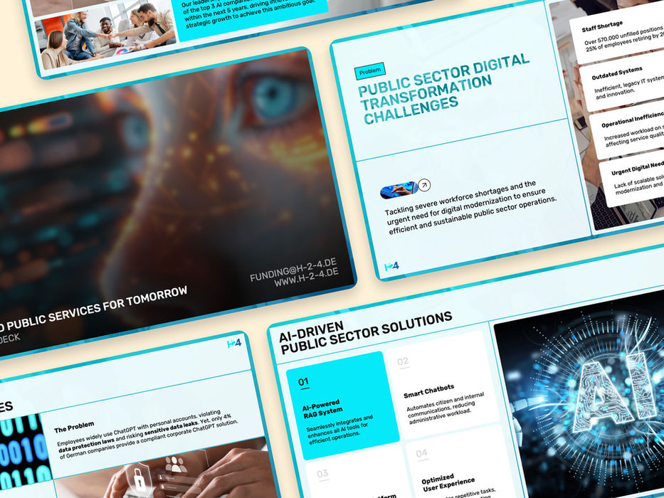 Pitch deck slides for public sector digital transformation.
