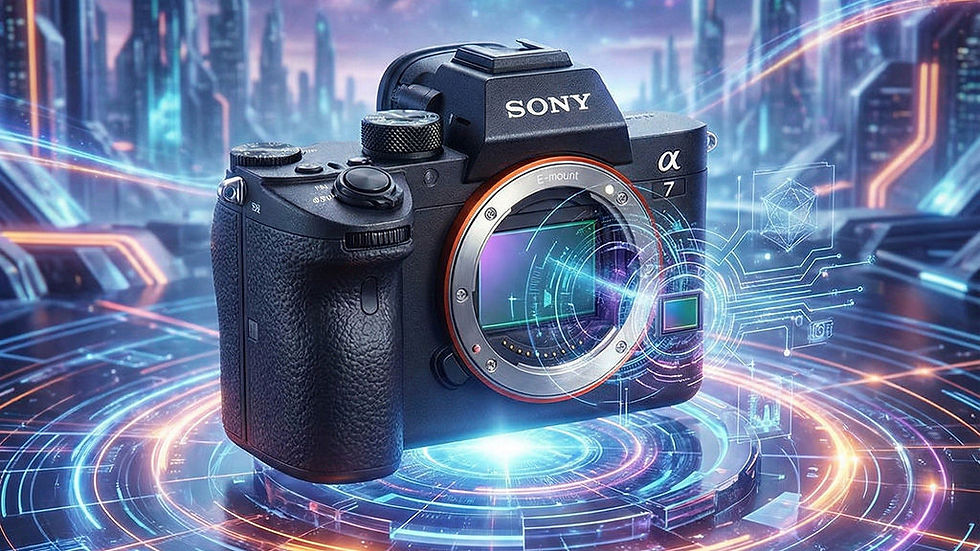 Sony A7 serisi aynasız kameranın sensör teknolojisini vurgulayan konsept görsel.