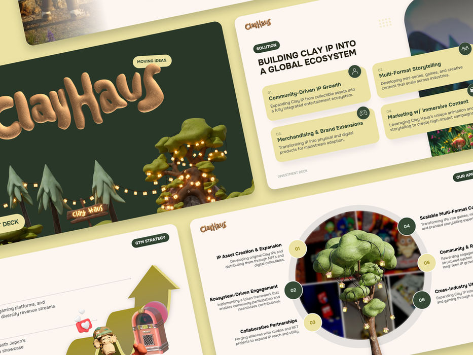 ClayHaus pitch deck slides showing brand ecosystem overview