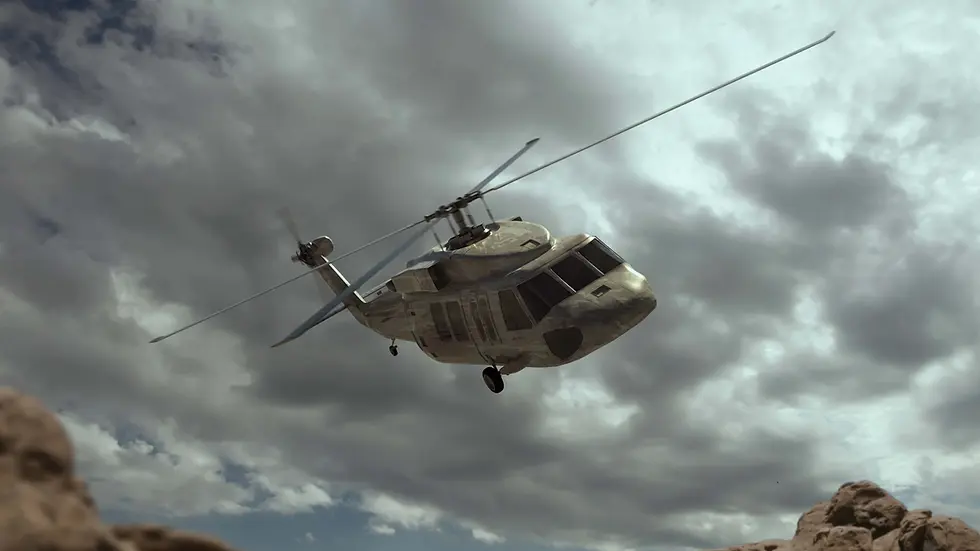 Military helicopter flying under cloudy sky