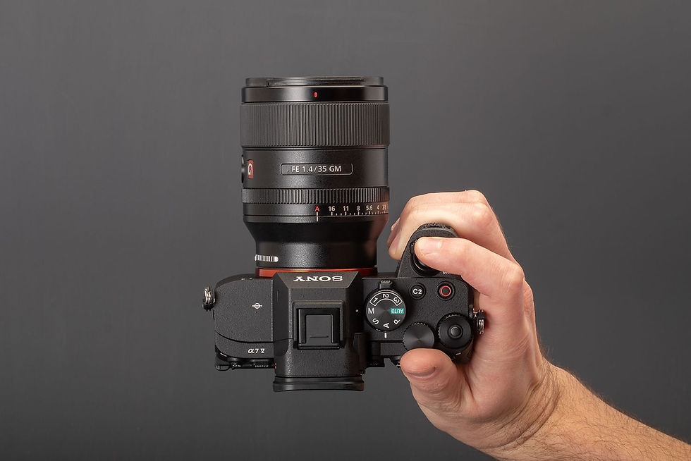 Top view of a Sony A7-series camera with a 35 mm lens